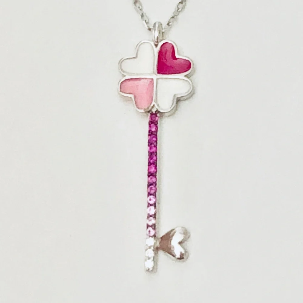 925 Silver pink heart clover key cz necklace